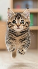 Fototapeta premium A playful kitten leaps joyfully in a cozy indoor setting.