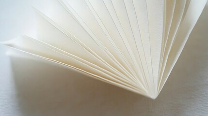  A close-up of the pages in an open book, with one page folded up to reveal the texture of the white paper.