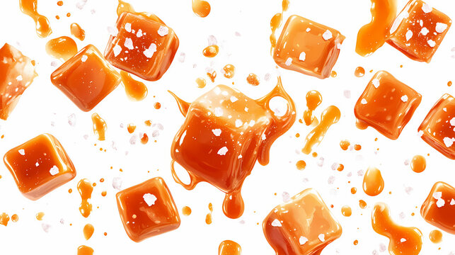 Drizzled caramel sauce with caramel cubes and flake salt top down white background. Drizzle. Illustration