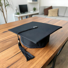 A graduation black hat, also known as a mortarboard, is worn during