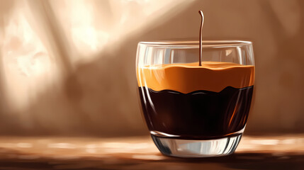 Espresso shot with thick foam and a drizzle of chocolate syrup , morning pick-me-up, energizing drink. Drizzle. Illustration