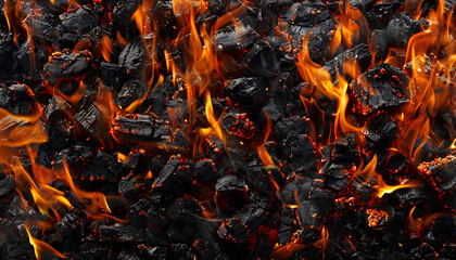Barbecue Flaming Charcoal Grill With Bright Flames Of Fire . Close Up, Copy Space, Front View.