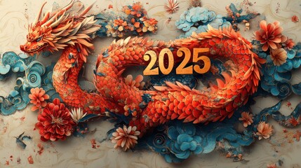 Naklejka premium Red paper dragon 2025 Chinese New Year design.