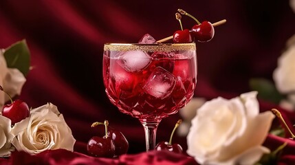 A Valentine's Day cocktail in an elegant wine glass, garnished with fresh cherries and ice cubes