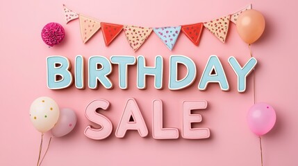 Celebrate with vibrant birthday sale decorations, including colorful balloons and festive banners on a pink background.