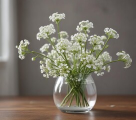 Group of small white gypsophila flower buds in clear glass vase, vase, romantic, pure, buds, small