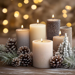 Cozy Winter Candles with Pinecones and Festive Lights