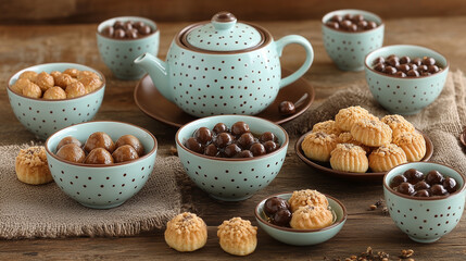 A cozy tea setup with teacups, a teapot, and small pastries.