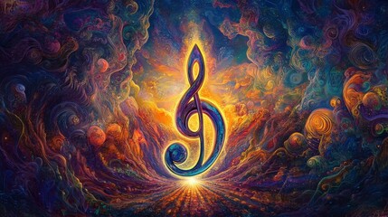 A striking treble clef illuminated amidst a background of colorful cosmic swirls, rich with reds, oranges, and deep purples, evoking a sense of music and space.. AI Generation