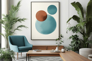 Blue armchair near wooden long coffee table against of white wall with big art canvas poster frame. Mid-century interior design of modern living room.