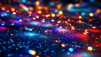 Naklejka premium Blurry, colorful string lights with bokeh effect on surface.