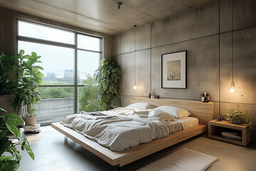 Loft interior design of modern minimalist bedroom with concrete walls.