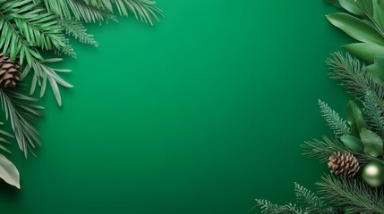 Festive Green Holiday Background - Green background, evergreen branches, pine cones, ornament, winter, celebration.