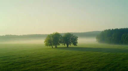 Obraz premium Serene morning light over tranquil meadow with trees and mist at dawn