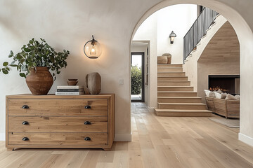 Wooden cabinet near venetian stucco wall with arched doorway Mediterranean interior design of modern entrance hall with staircase.