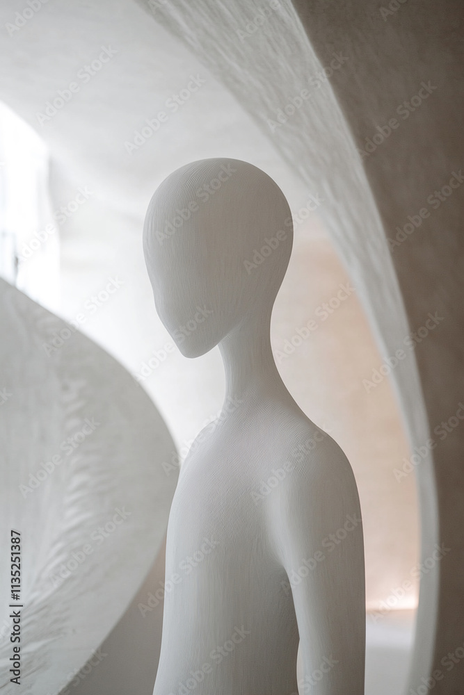 Aufkleber Sculpture of a simplistic humanoid figure in an abstract architectural space with smooth curves and soft lighting