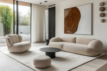 Minimalist, japandi style interior design of modern living room. Room with contemporary beige boucle sofa, armchair, and abstract painting.