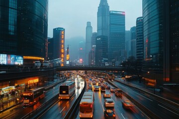 Obraz premium Urban Metropolis at Night Under Rain