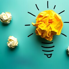 new idea concept crumpled office paper and light bulb. top view of great business idea concept, creative solution, business idea concept, idea bulb
