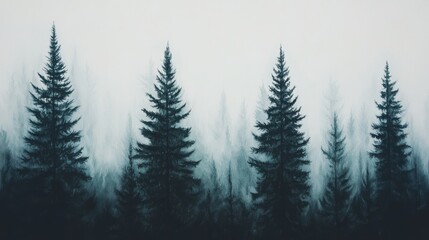 Obraz premium Watercolor Painting Misty Forest, Teal Conifers, Atmospheric Perspective, Nature Art, forest painting, watercolor landscape forest, watercolor
