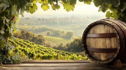 Vineyard Landscape with Wooden Barrel Rustic Composition, Winery, Winemaking, Italian countryside wine barrel, vineyard