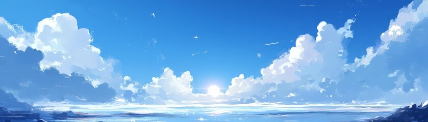 Serene Seascape Painterly Clouds, Calm Ocean, Sunset, Digital Art, Landscape Painting, Blue Sky Keywords Seascape, Digital painting