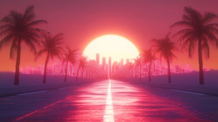 Retro Sunset Cityscape Palm Trees, Road, Neon Skyline, 3D Render, Digital Art, Synthwave. Synthwave, Retrofuturism