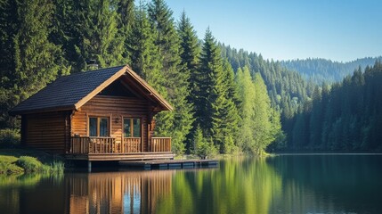 Obraz premium Lakeside Log Cabin Tranquil Composition, Wooden Structure, Serene Nature, Reflection, Landscape Photography Lake house, Cabin