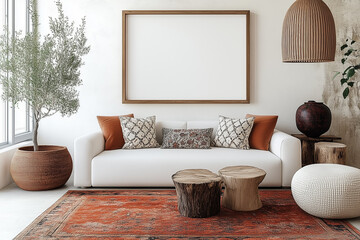 Scandinavian interior design of modern living room. White sofa with pattern pillows and rustic furniture. Mock up frame on white wall.