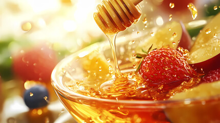 A honey drizzle captured in mid-air, falling onto a bowl of fresh fruit, with each drop glistening in the sunlight. Drizzle. Illustration