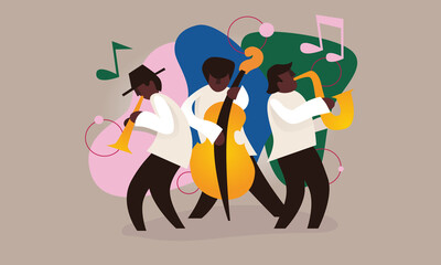 Flat vector Illustration of a trio of stylish Jazz musicians playing vibrant music.