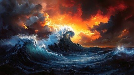 Fototapeta premium Dramatic ocean waves crashing under a fiery, stormy sunset sky.