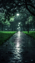 Obraz premium Rainy Pathway Under Street Lights in a Wetland