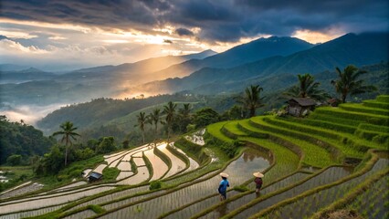 Sunrise Over Terraced Rice Fields with Farmers in Southeast Asia V11
