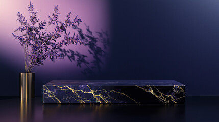 Luxury marble pedestal scene with golden vase and purple shadows — product display mockup background