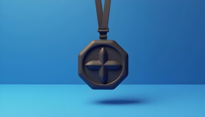 modern minimalist medal in matte black, featuring a geometric design and a hidden clasp, suspended in mid-air against a gradient blue background create with ai
