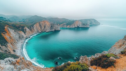 Fototapeta premium A serene coastal landscape featuring cliffs, turquoise water, and a misty atmosphere.