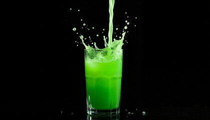 Refreshing green cocktail with splash being poured into a glass against a black background