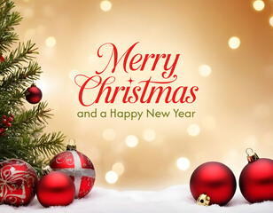 Merry Christmas greeting card, new year greeting card, red ornaments and gold glitter elements decoration, Merry Christmas text