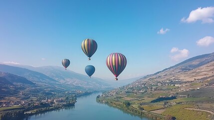 Naklejka premium A scenic view of colorful hot air balloons over a river and hills.