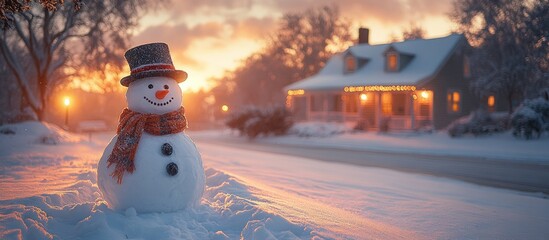 Snowman in winter sunset near cozy house.