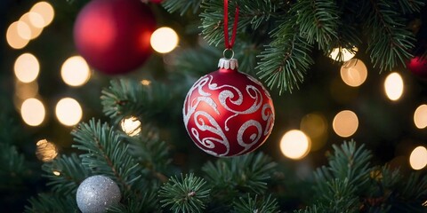 Fototapeta premium Warm background.Banner or greeting card Christmas and New Year concept. Close up of red, white baubles on Christmas tree. Bokeh garlands in the background.
