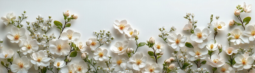 Obraz premium Many Small White Flowers with Abundant Buds in a Fresh Spring Flat Lay