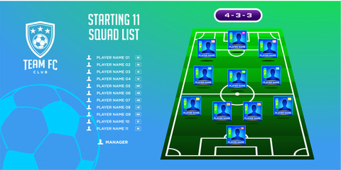 modern football game plan formation board. starting eleven illustration. Football graphic for soccer starting lineup squad, Soccer line up, Football starting XI.