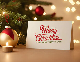 Merry Christmas greeting card, new year greeting card, red ornaments and gold glitter elements decoration, Merry Christmas text