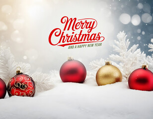 Merry Christmas greeting card, new year greeting card, red ornaments and gold glitter elements decoration, Merry Christmas text