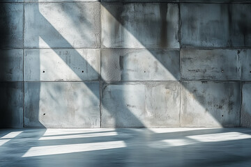 Concrete tile empty wall. Empty room with concrete floor. Loft, industrial interior background with shadows and sun rays.