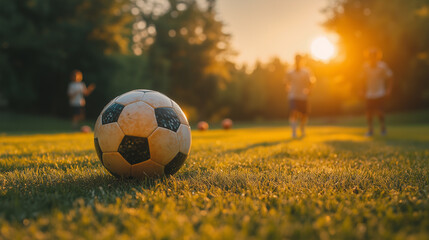 Family playing soccer or catch in the backyard.