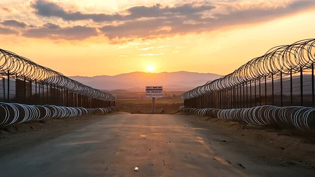1_Border Checkpoint with Barbed Wire at Sunset
