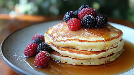 Pancakes stacked high with syrup dripping, surrounded by fresh berries.